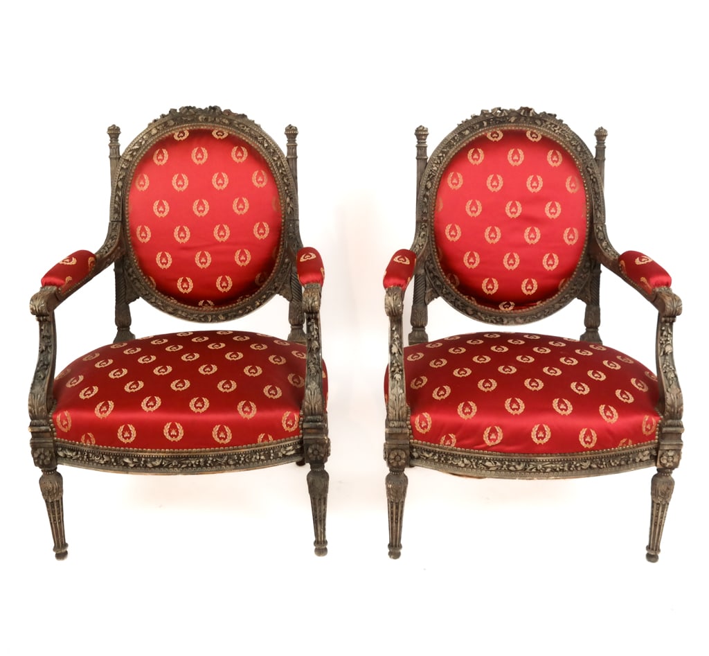 Pair of Louis XVI Carved and Upholstered Fauteuils (1 of 9)
