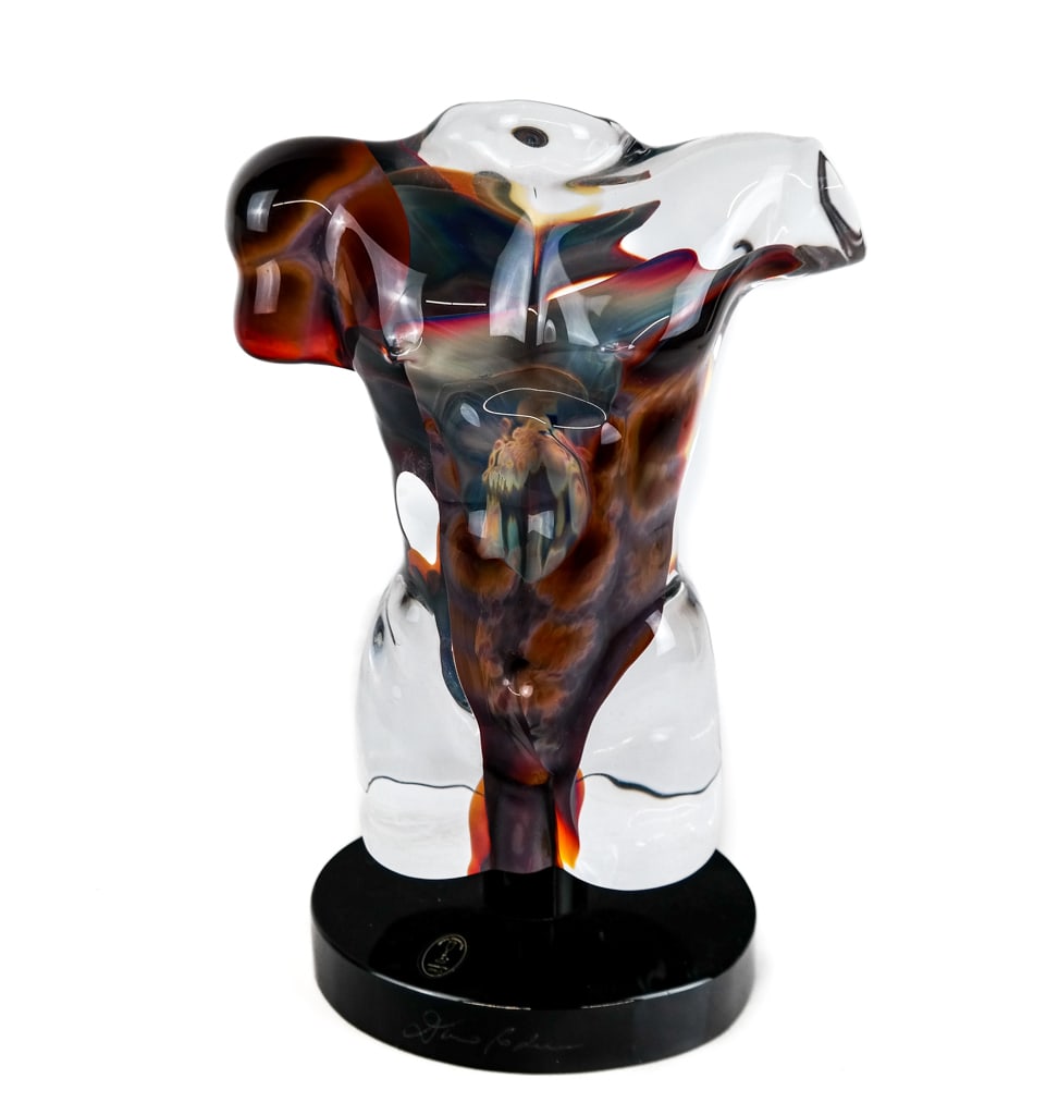 DINO ROSIN "Adonis" Murano Glass Sculpture: Dino Rosin (Italian, born 1948) calcedonia Murano Glass "Adonis" sculpture on a black marble stand signed "Dino Rosin" at front of base, and stamped "Studio Murano Venezia" at upper rear to base. [12.