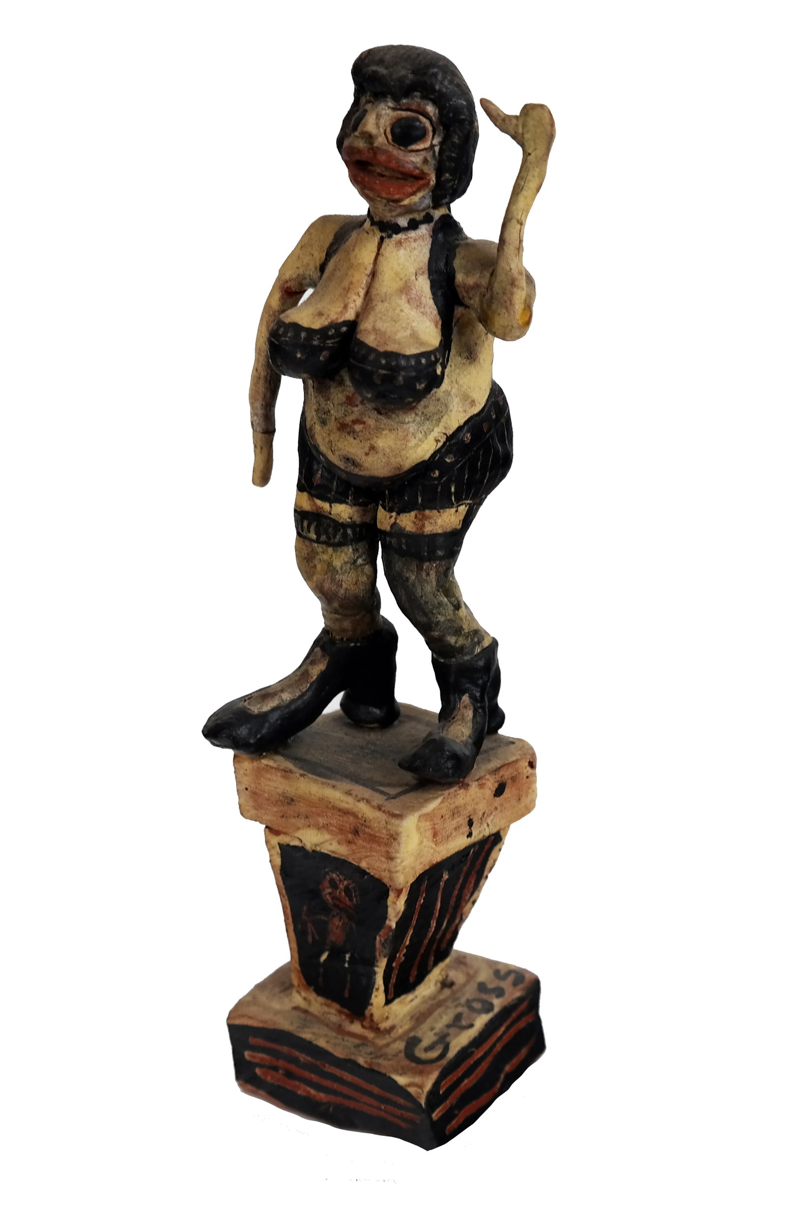 Ceramic Sculpture, "Woman in Bathing Suit": Ceramic sculpture titled "Woman in Bathing Suit," signed "Gross". Provenance: From the Collection of Brendelle & Fred Walden. [9" H x 2" W x 2" D]. Overall good condition.