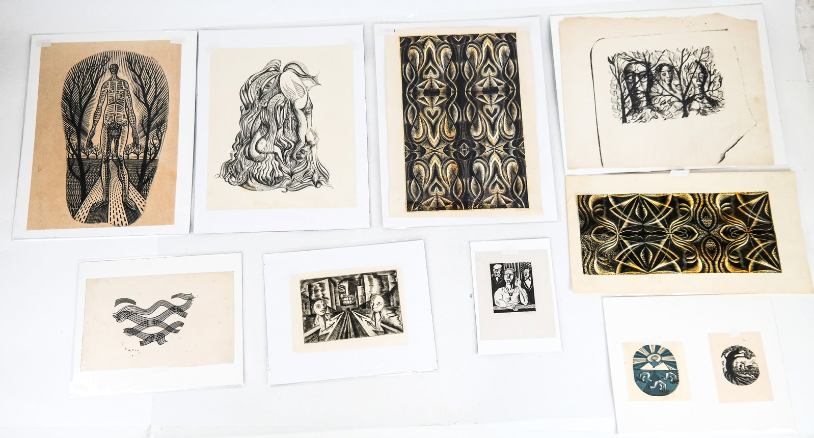 Hans JELINEK: Group of 9 Woodcut Engravings: Hans Jelinek (Austrian/American, 1910-1992) a group of nine unframed woodcut black and white and color engravings depicting various subjects including nature, abstract geometric, and figural scenes. I