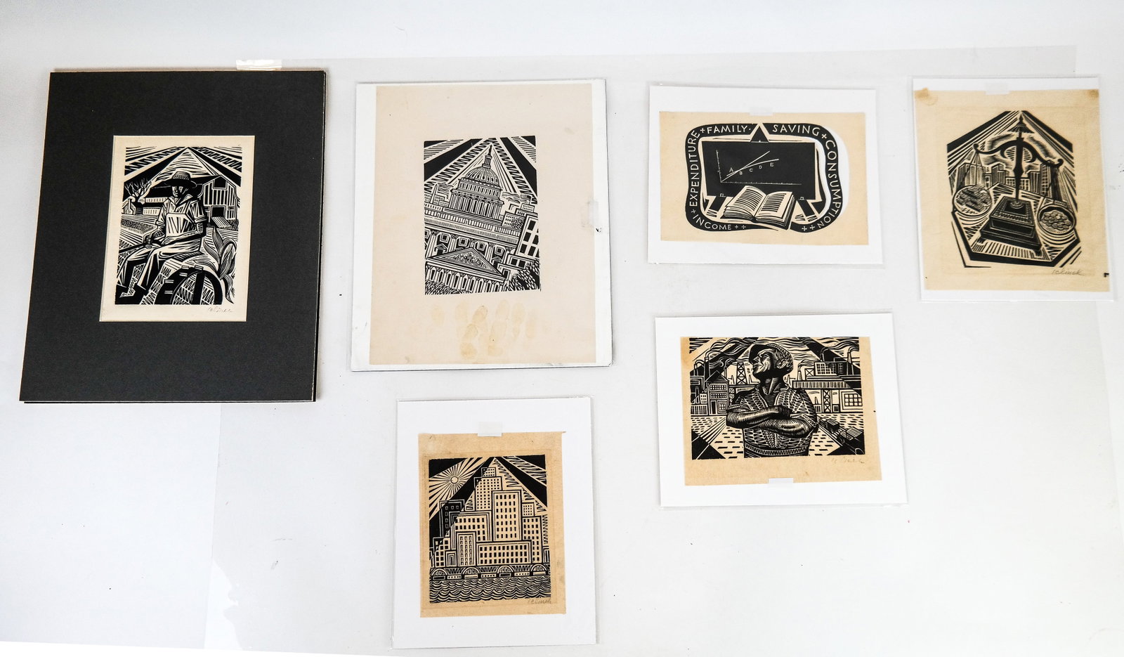 Hans JELINEK: Group of 10 Woodcut Engravings: Hans Jelinek (Austrian/American, 1910-1992) a group of ten unframed black and white woodcut engravings depicting various industrial, financial, and city scenes. Five works pencil signed "Jelinek". Pro