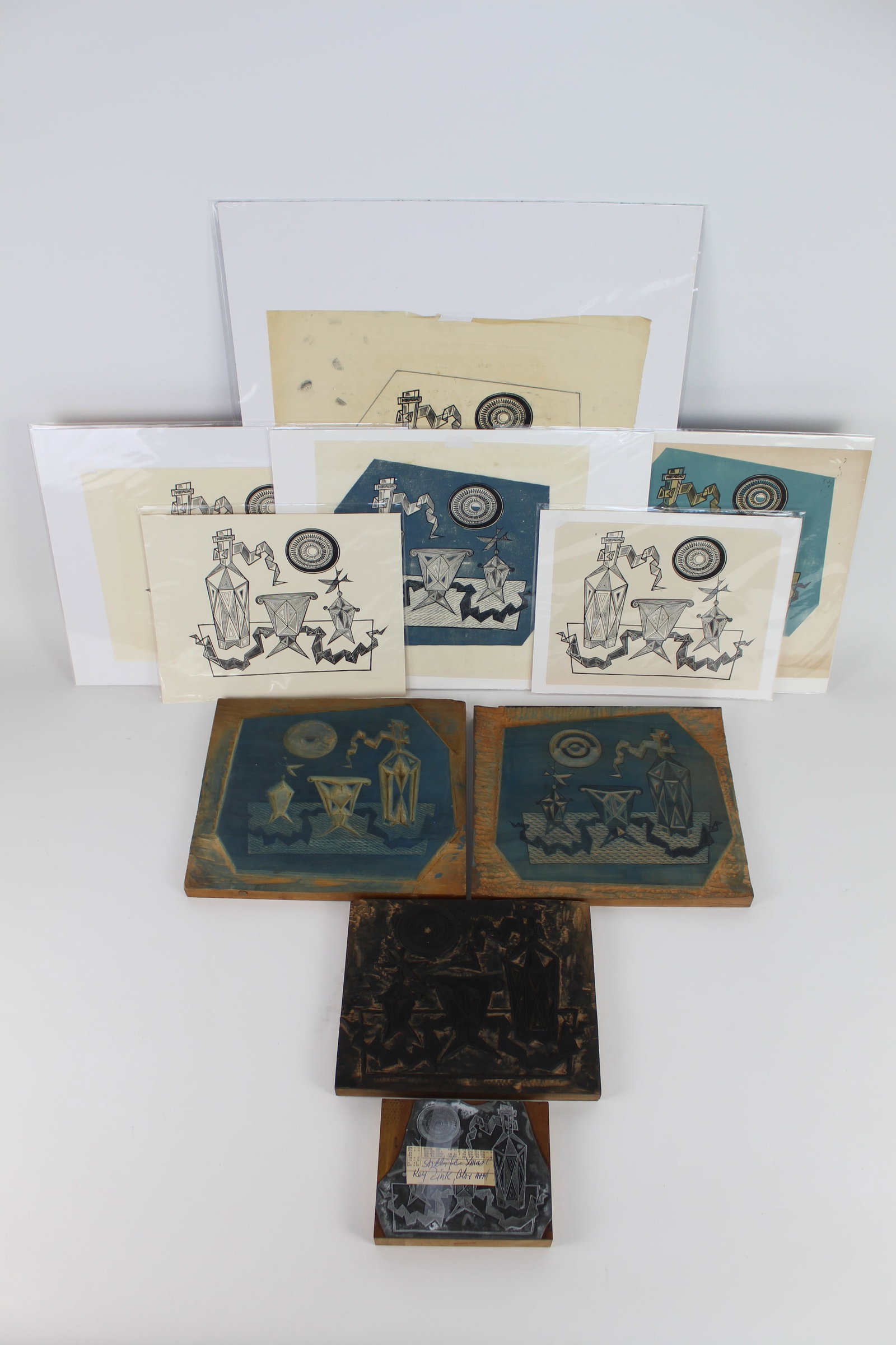 Hans JELINEK: Cups - 4 Woodblocks & 7 Engravings: Hans Jelinek (Austrian/American, 1910-1992) a collection of four hand-carved wood printing blocks together with a set of seven corresponding engravings depicting three vessels (wine bottle, kiddush cu