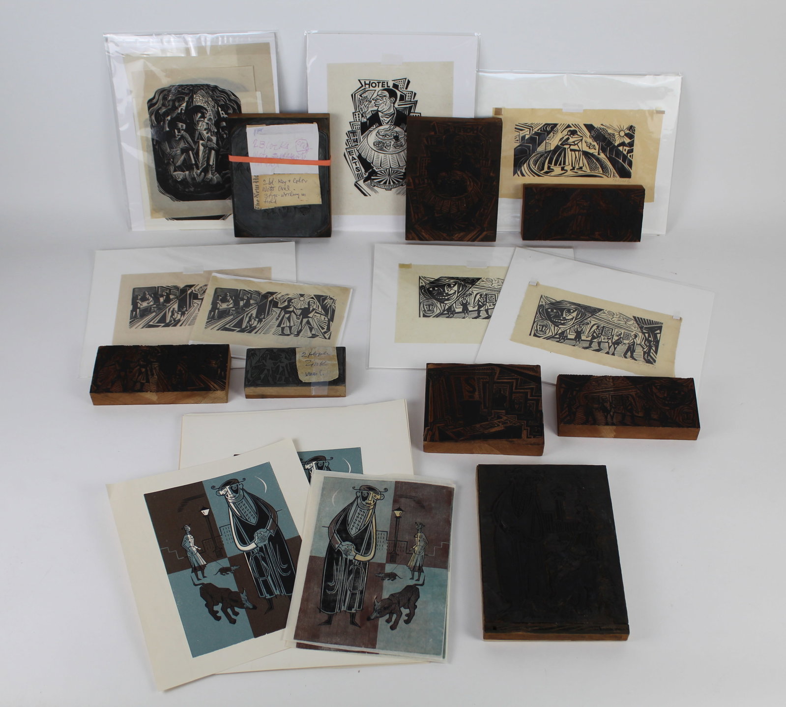 Hans JELINEK: Group of 30 Engrav. & 8 Woodblocks: Hans Jelinek (Austrian/American, 1910-1992) an assorted group of 30 unframed woodcut engravings together with 8 accompanying hand-carved wood printing blocks. All depict stylized surrealist figural sc