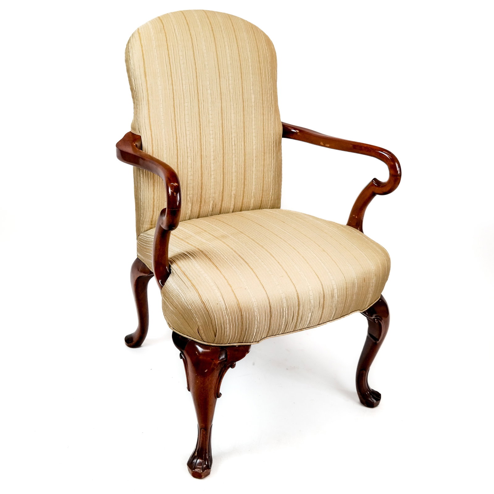 Queen Anne-Style Armchair: Late 20th century armchair/desk chair. [38 1/2" H x 24" W x 25" D; 18" H to seat]. One leg back gouged. Condition reports and requests for additional photos cannot be accepted on this lot; please bid 