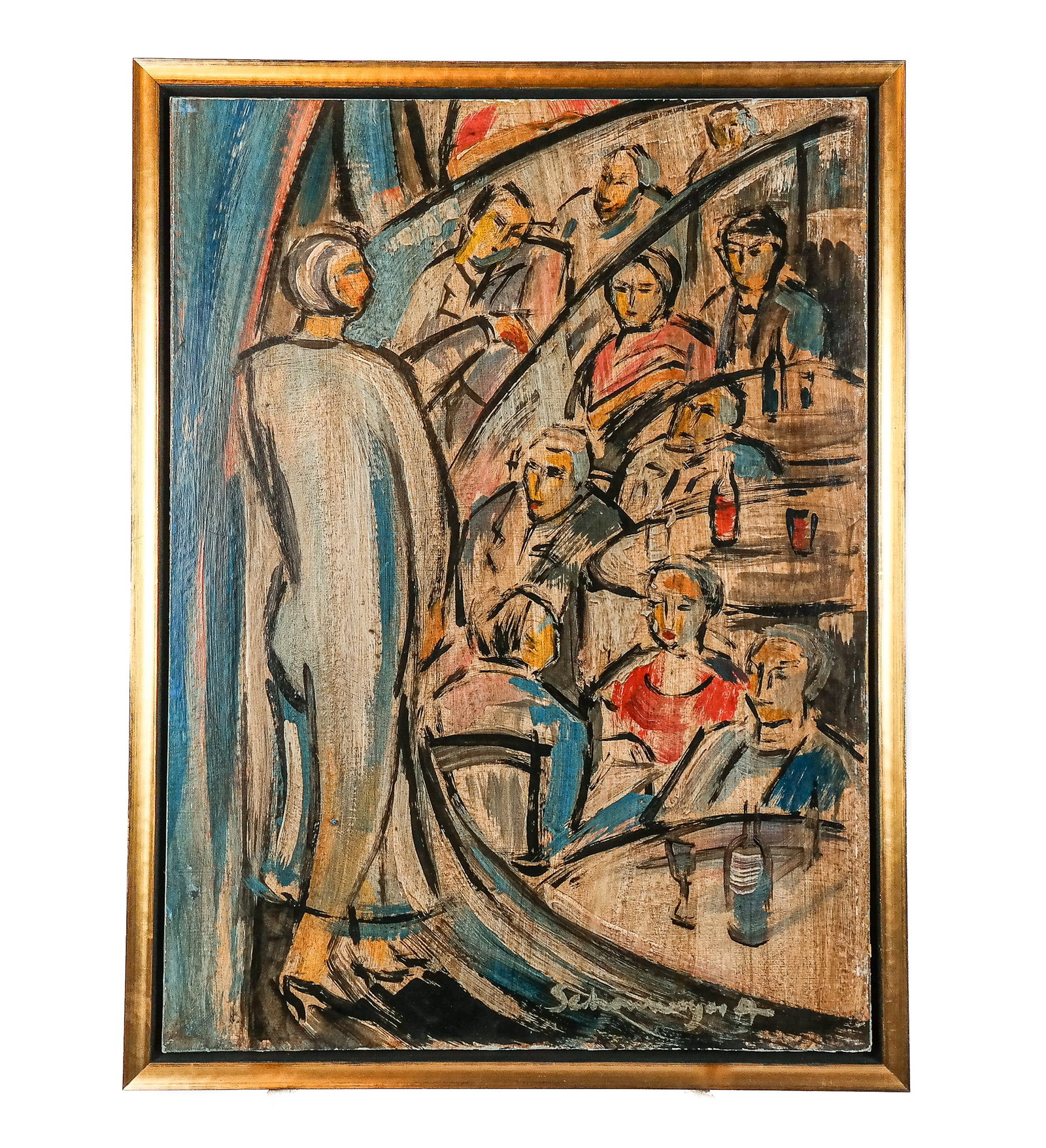 Armand SCHONBERGER Oil on Board Painting: Armand Schonberger (Hungarian, 1885-1974) oil on board painting likely circa 1920s, signed Armand Shonberger at lower right, depicting a performer before an audience in a black and gilt frame. [Work: 