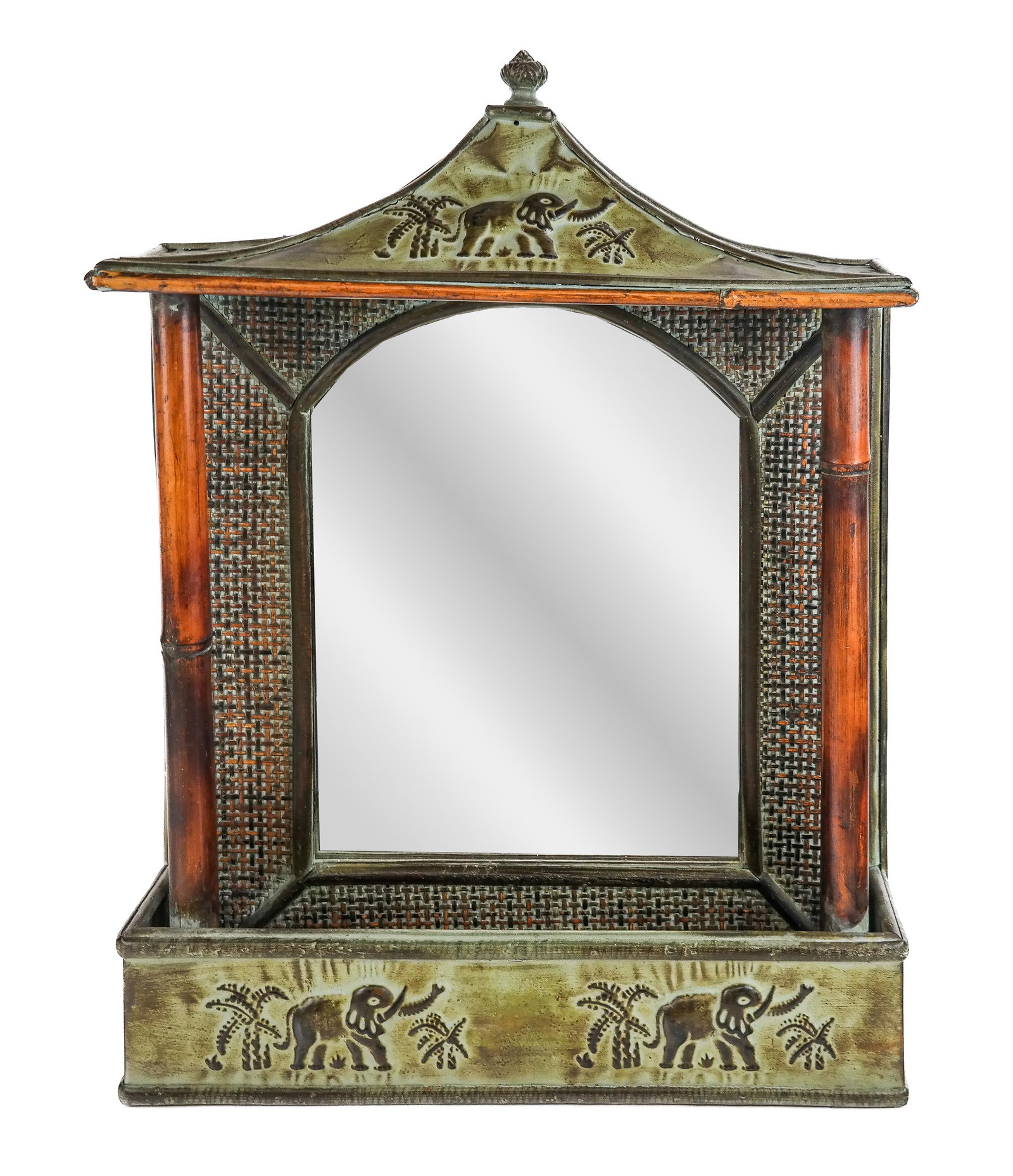 Asian Elephant Decorated Mirror: Asian-style elephant relief pagoda-form dimensional mirror. [22.5" H x 16.5" W x 4" D]. Condition reports and requests for additional photos cannot be accepted on this lot; please bid accordingly. Thi