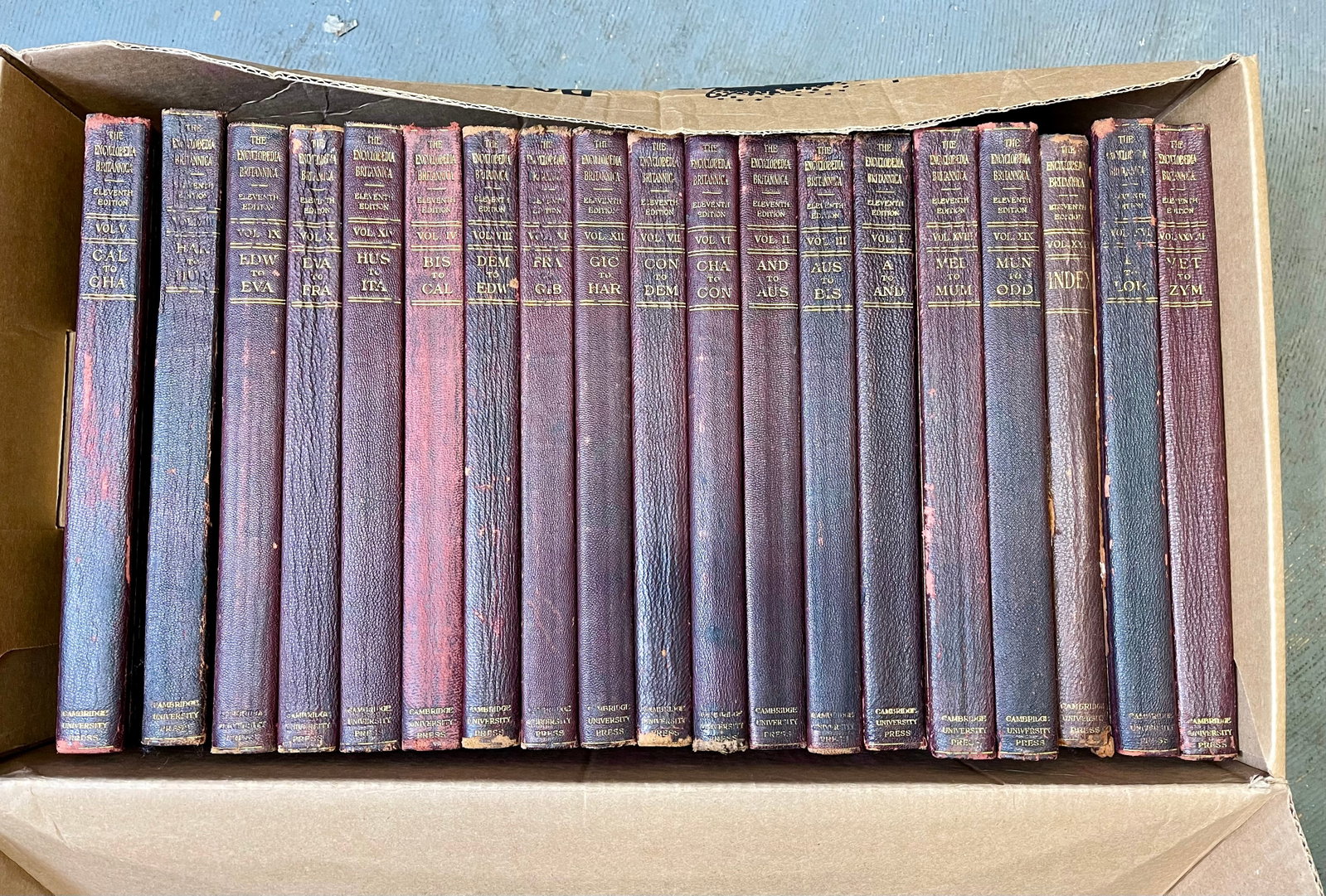 The Encyclopedia Brittanica - 29 Vols., 1910s: Leather-bound collection of "The 11th Edition of The Encyclopedia Brittanica", Vols. 1-29, published Cambridge, England, 1910s. In ?as-is? condition. Condition reports and requests for additional phot
