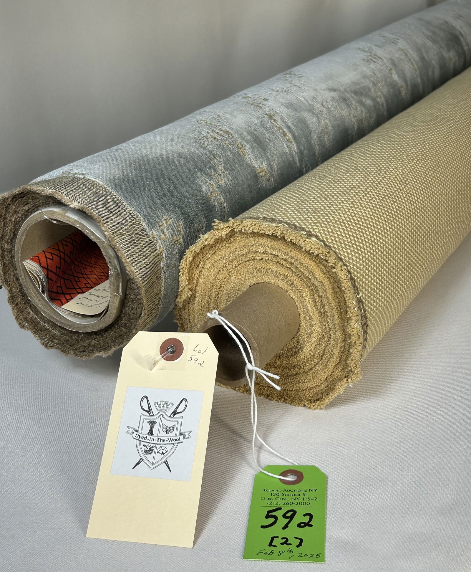 Pierre Frey Upholstery and Figured Velvet Fabric: 1) 9 1/2 yards of Pierre Frey's mini-grid cotton texture in a golden maize coloration, 49 1/2" width. The upholstery weight is in excellent condition. Woven in France. 2) 3 1/4 yards of a blue and gol