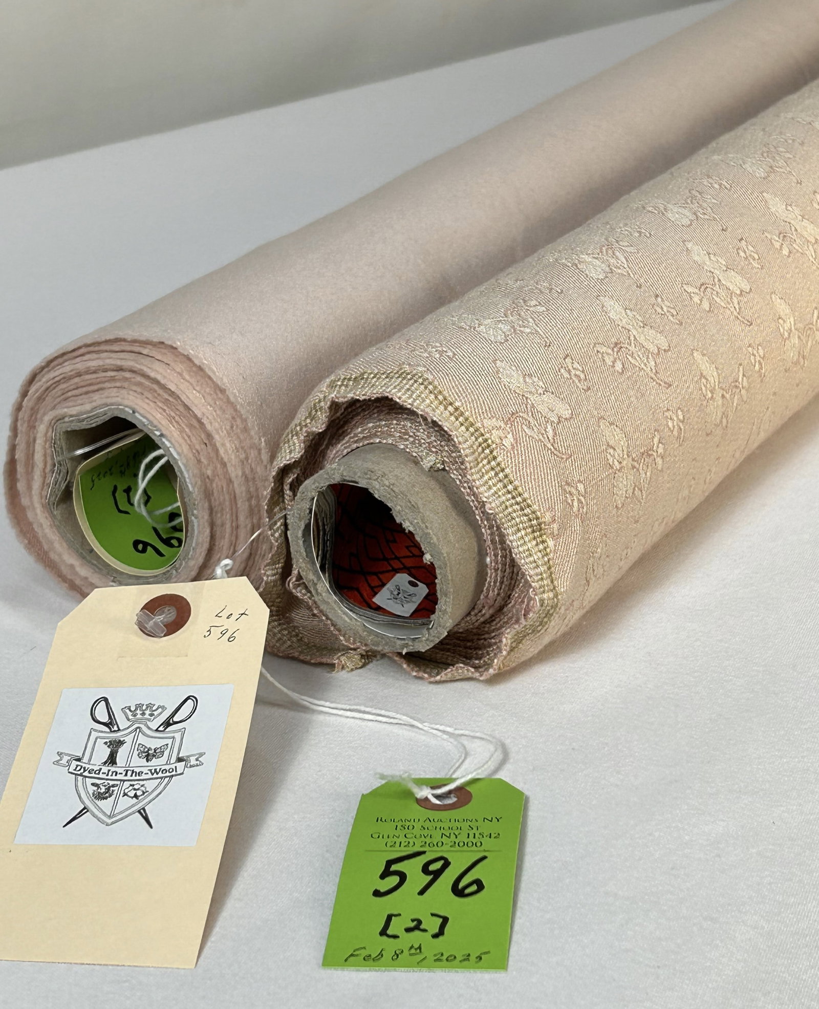 Claremont's Pink and Companion Wool Satin Fabric: 1) 5 1/2 yards of Claremont of London's figured armure with delicate scattered flowers in pink and cream, # SMS127, 50 1/2" width. Perfect for a slipper chair. Has repeats of 2 1/4" vertical by 2 1/2"