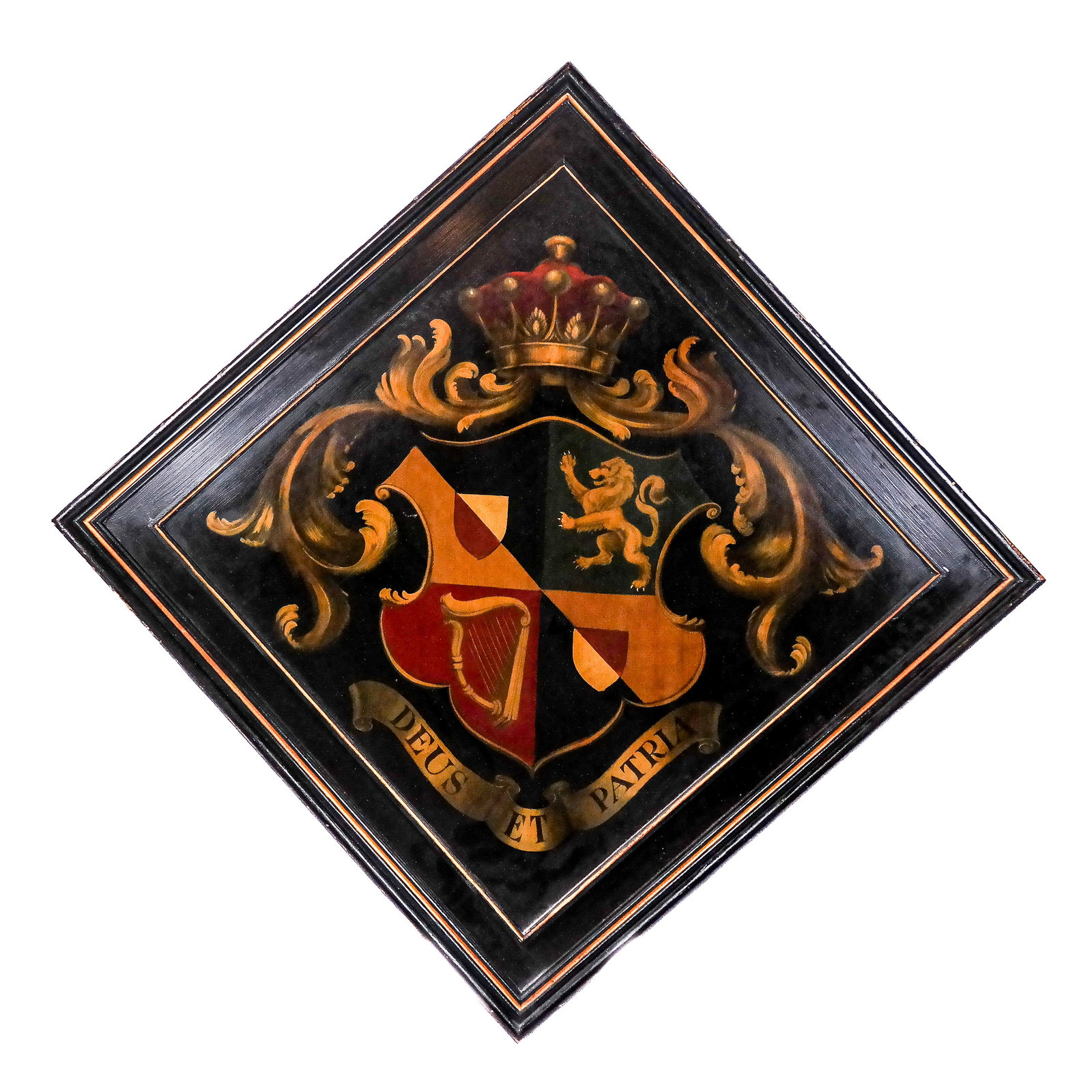 Heraldic Coat of Arms on Wood Panel: Painted heraldic coat of arms on wood panel, the achievement justified on a lozenge (typically reserved for female recipients) depicting the coronet of a Countess above a quartered shield with lion an