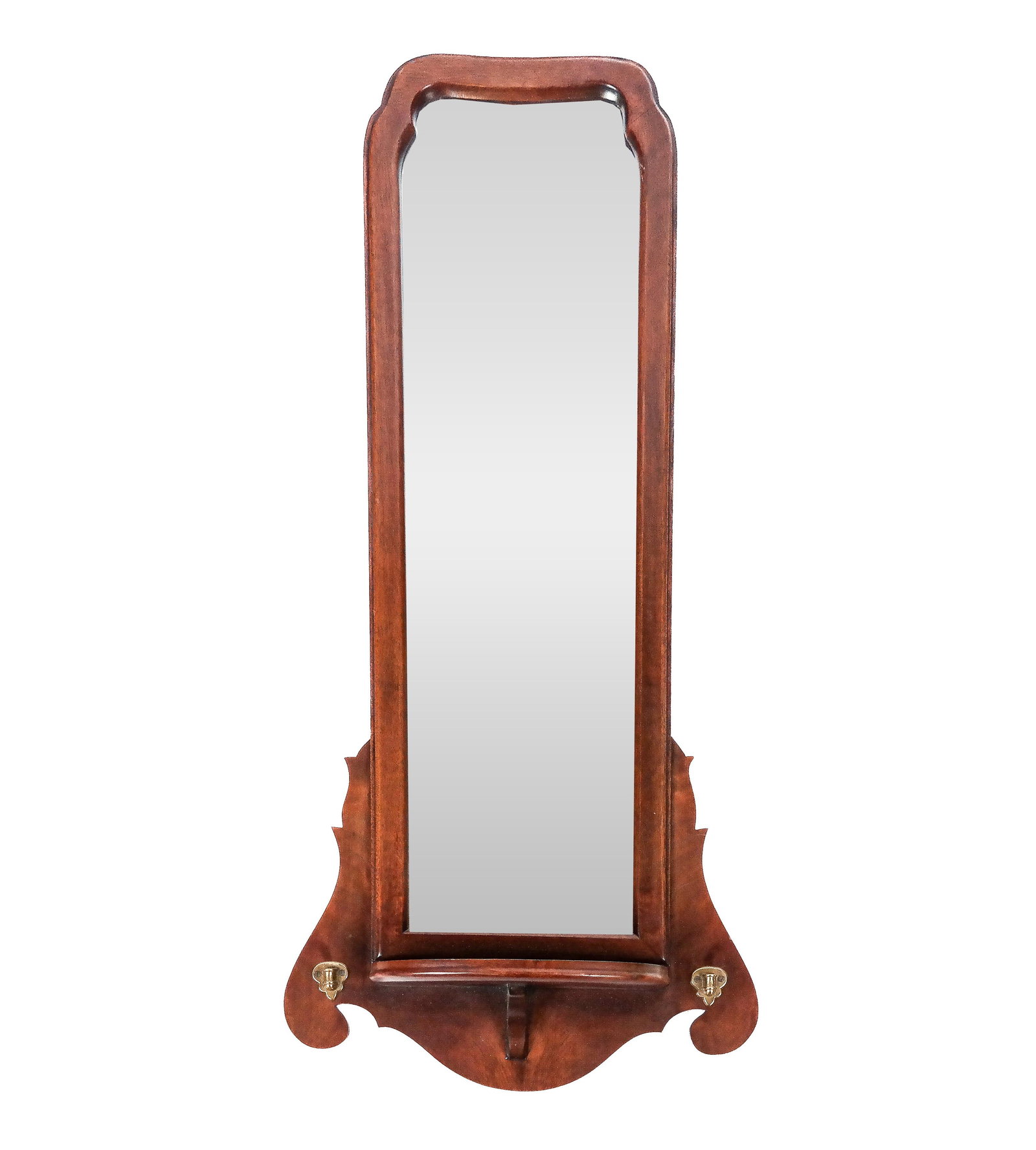 Queen Anne / Georgian-Style Mahogany Mirror: Queen Anne / Georgian-style mahogany mirror, 20th century, American or English. [35" H x 15.75" W x 5.5" D]. Lacking girandole arms; scuffs, wear. Property of a Gentleman, Upper East Side, NY. Conditi
