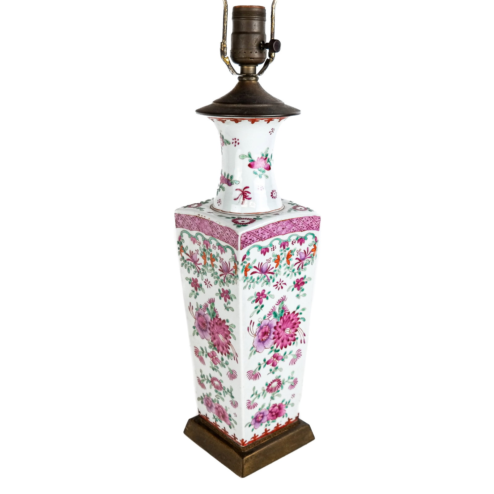 Chinese Famille Rose Porcelain Vase Lamp: Chinese famille rose porcelain vase lamp of cong square form with pink floral details. [27" H x 4 1/2" W x 4 1/2" D]. Lacking wiring. Condition reports and requests for additional photos cannot be acc