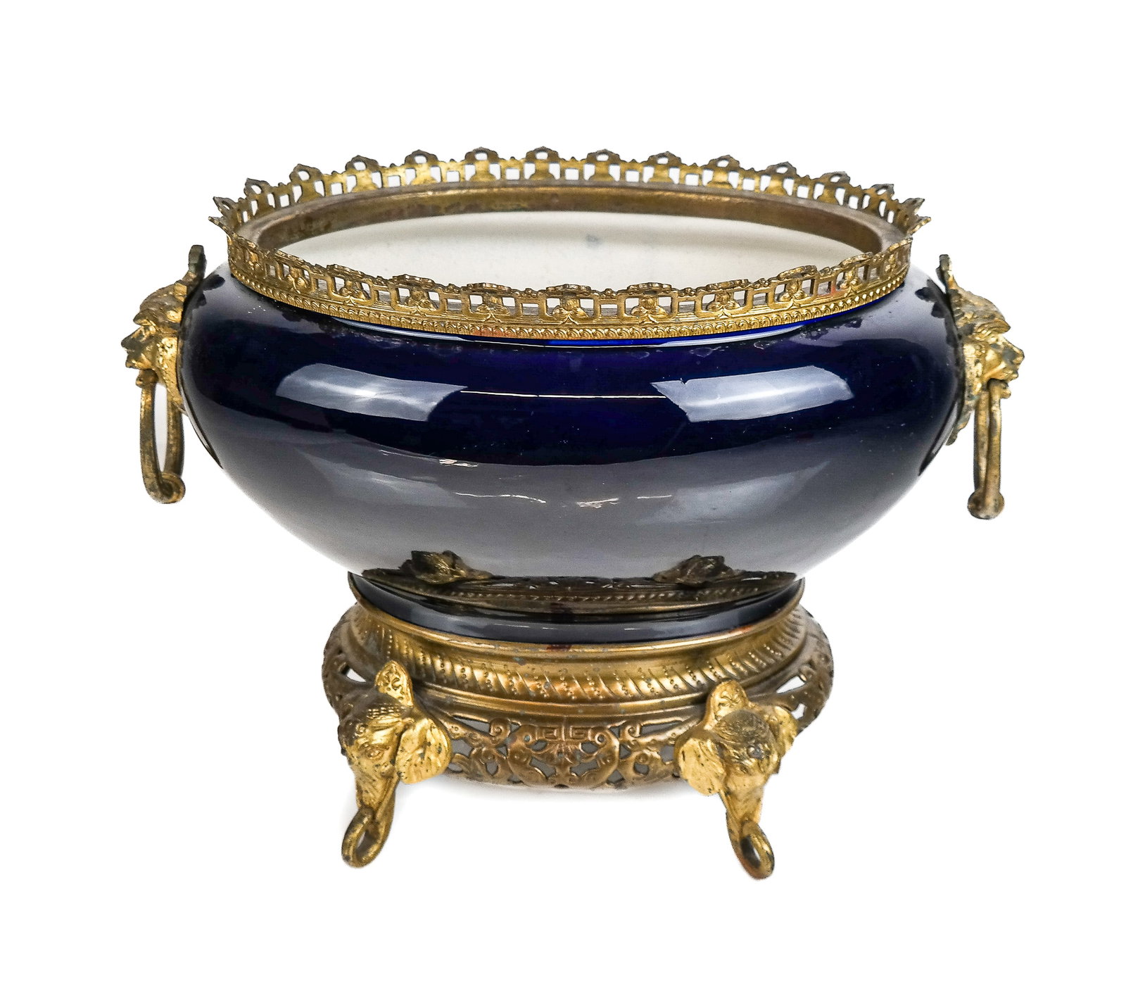 French Bronze-Mounted Centerpiece Bowl: French cobalt blue and crackleware bowl with bronze mounts and elephant-head legs. [10" H x 15" W x 10" D]. No cover.