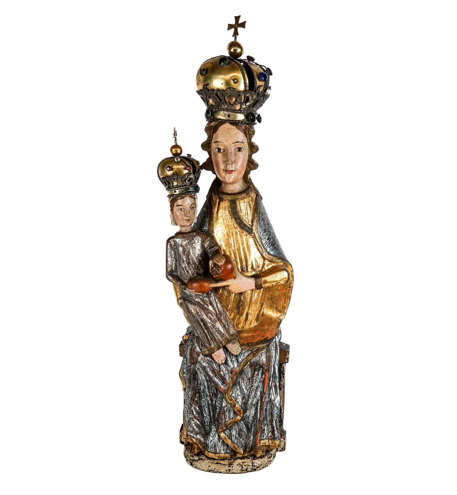 Bohemian Madonna and Child Sculpture: Bohemian Madonna and Child sculpture, circa 1920 with gilt, silvered, and polychrome carved wood details and brass crowns set with colored cut glass. [27" H x 7.5" W x 4.5" D]. Overall good condition 
