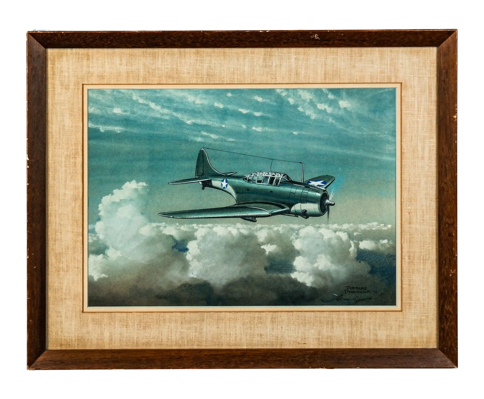Eric SLOANE "Douglas Devastator": Eric Sloane (American, 1905-1985) "Douglas Devastator" mixed media oil and wash on paper in a matted frame depicting the Douglas TBD Devastator, a 1930s American bomber plane, over clouds before a whi