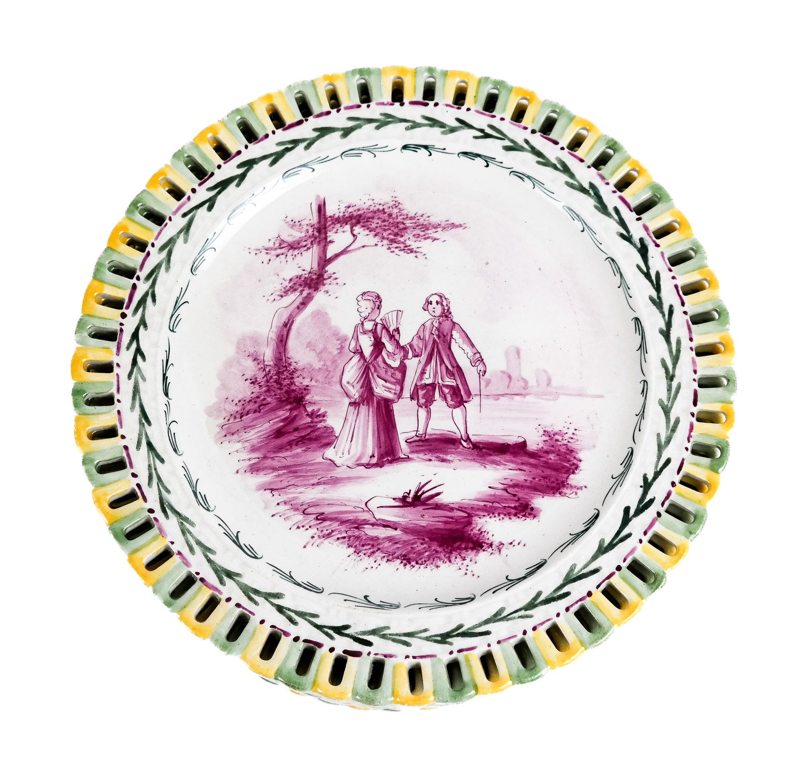 Oude Amstel Hand-Painted Dessert Plates (12): Set of 12 hand-painted dessert plates by Oude Amstel with each piece depicting a unique pastoral scene, with a reticulated outer edge, marked to base with maker's mark and 'Tournay 1740' [7.75" Diamet