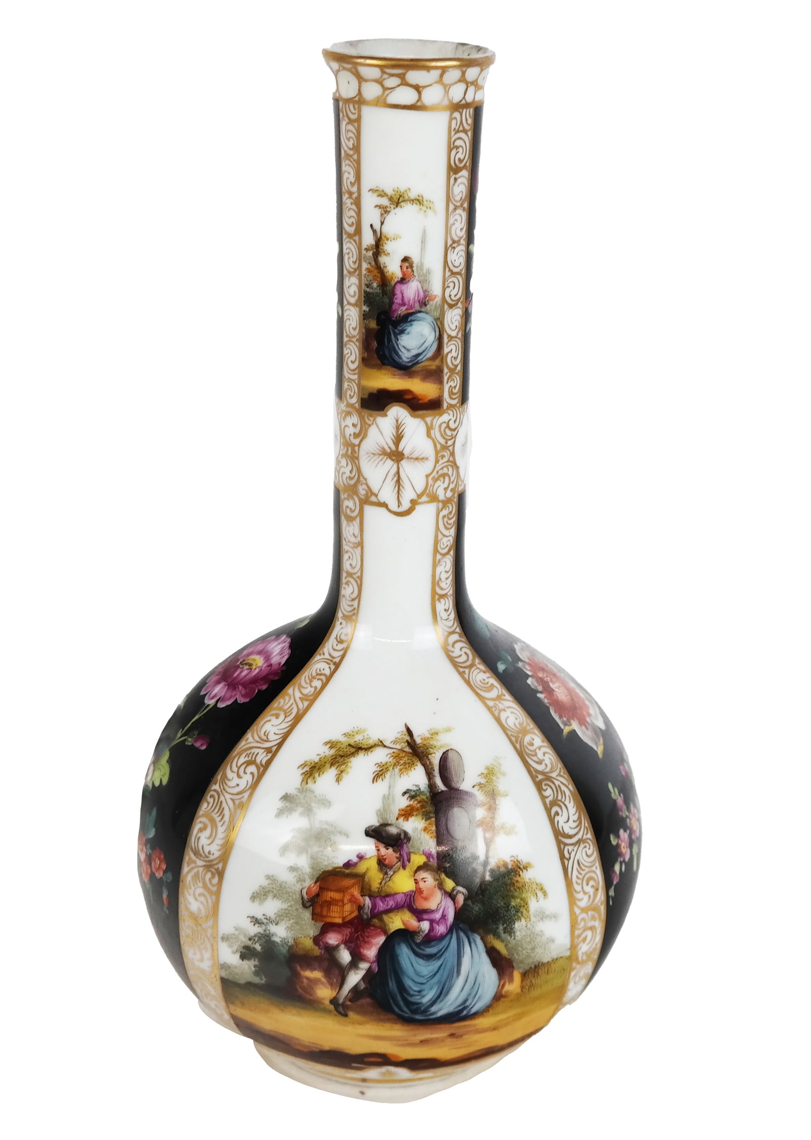 Meissen Hand Painted Porcelain Vase, Augustus Rex: Meissen Augustus Rex, hand painted figural and floral paneled porcelain black and gilt ground vase with a wide base and thin neck; signed and cross mark on bottom. [11" H x 6" diameter]. Condition rep