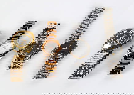 Hamilton, Raymond Weil, Movado & Milano Watches: Group of silver- and gold-tone wristwatches including Hamilton self-winding 36000 watch with date/date window and sweep seconds; Raymond Weil Geneve Tango watch with date window and sweep seconds, Mov