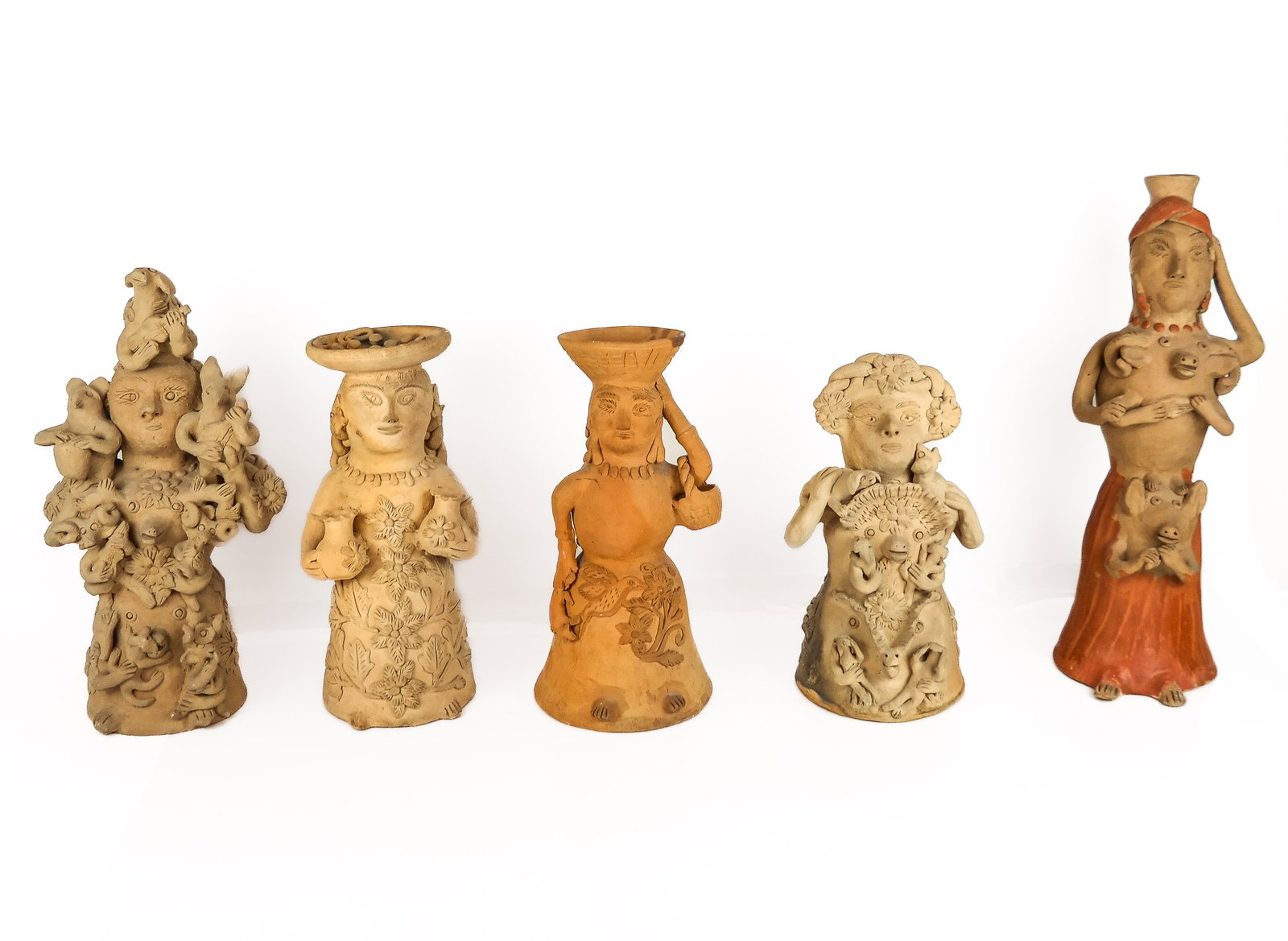 Teodora BLANCO Earthenware Candle Holders, 5: Five Teodora Blanco (Mexican, Oaxacan 1928-1980) earthenware candle holders of fantastical women, one signed TB at reverse. [Tallest: 19.25" H x 6" W x 7" D]. Overall good condition with a crack to th