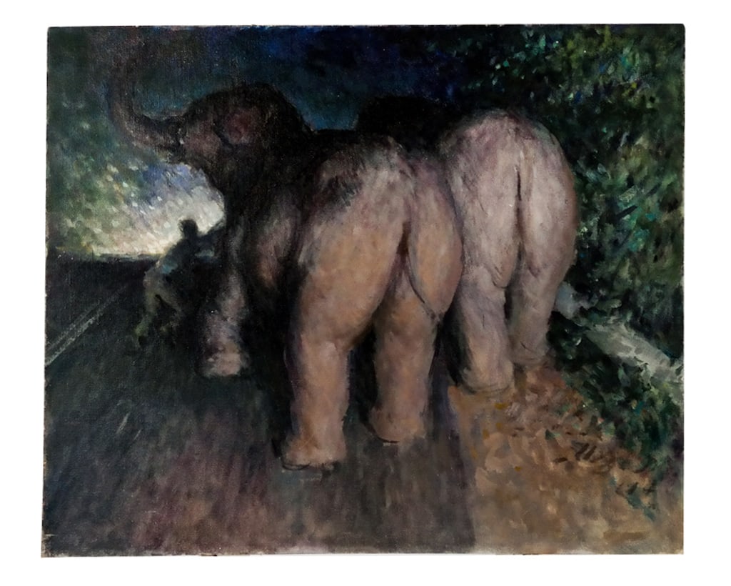 Edmund WARD Elephants signed Oil on Canvas Board: Edmund Ward (American, 1892-1991) signed oil on canvas board of two retreating elephants with trainer, unframed, marked Edmund Ward, possibly spurious, to reverse. [20" H x 24" W]. Overall good condit