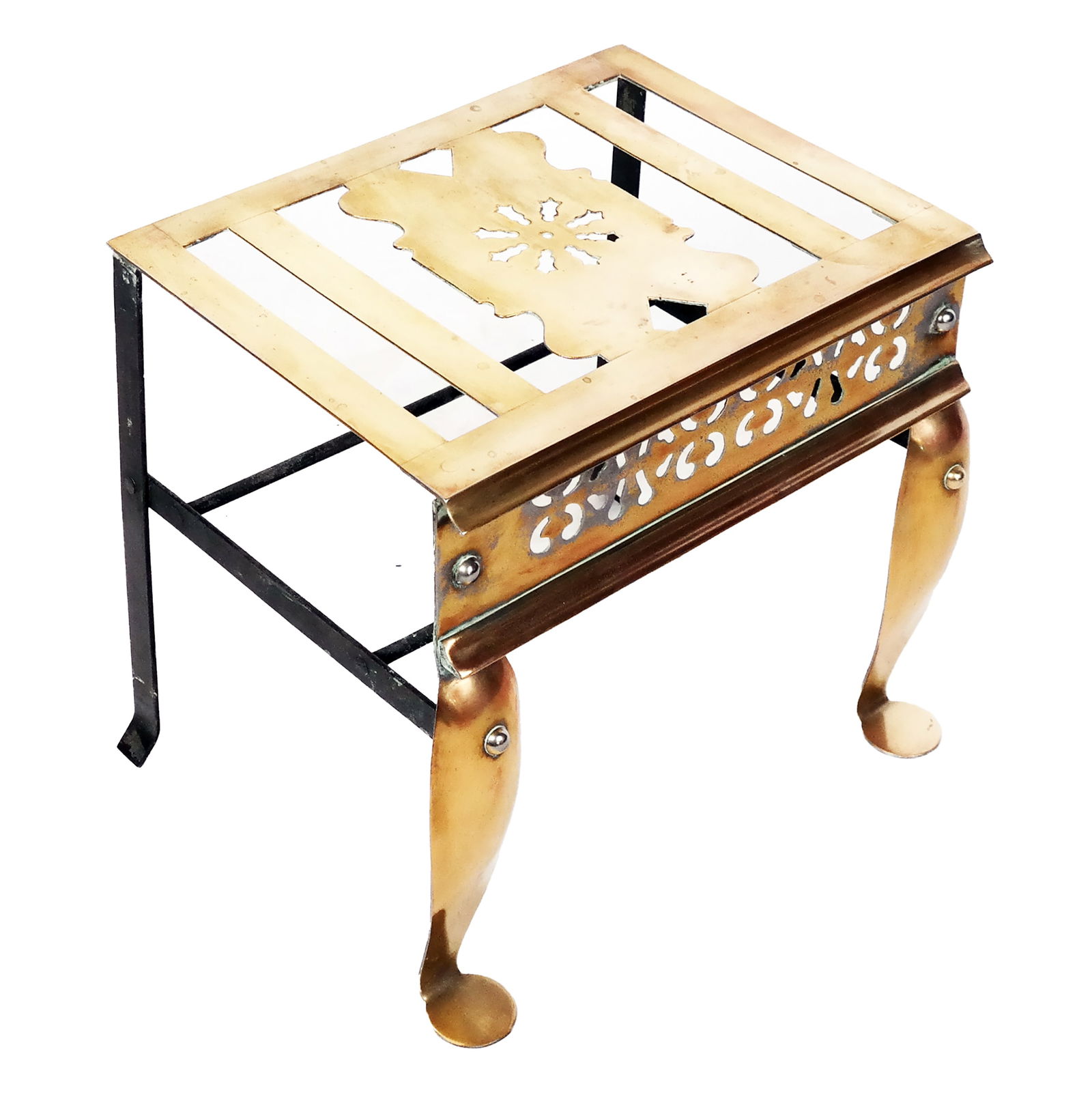 American Brass Fire Trivet: American brass trivet, 20th century. [14" H x 15" W x 12" D]. Condition reports and requests for additional photos cannot be accepted on this lot; please bid accordingly. This is not an indication of