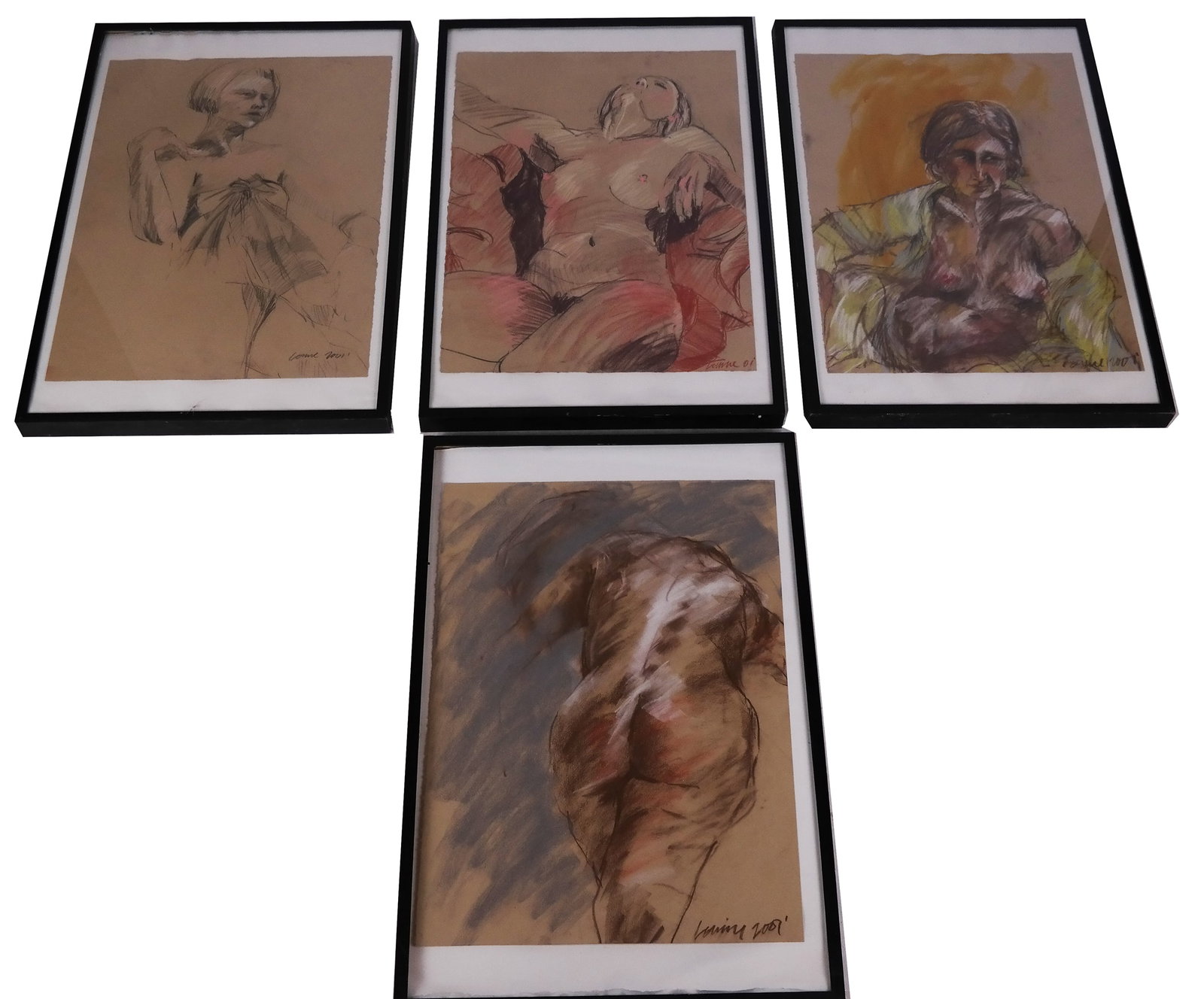 Four Pastel Portraits - Illegibly Signed: Four pastel studio portraits of semi-nudes and nudes. [Art: 30" H x 22" W; Frame: 37" H x 25" W]. From the Collection of renowned architect and designer Thierry Despont. Condition reports and requests