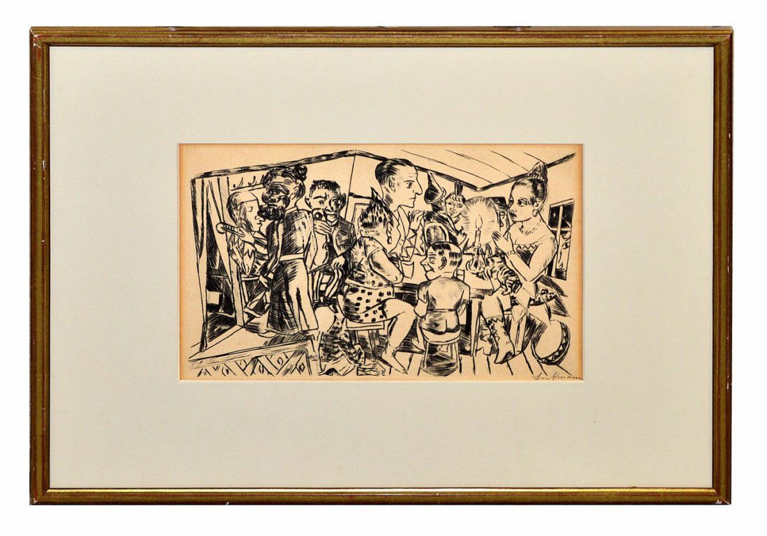 Max Beckmann, Etching of Circus Figures: Expressionist depiction of ten performers in a room and a bull peering in through a window. Signed bottom right: "Max Beckmann" and numbered on verso: "38/125." Art: 8 1/4" x 12 1/4" on larger sheet.