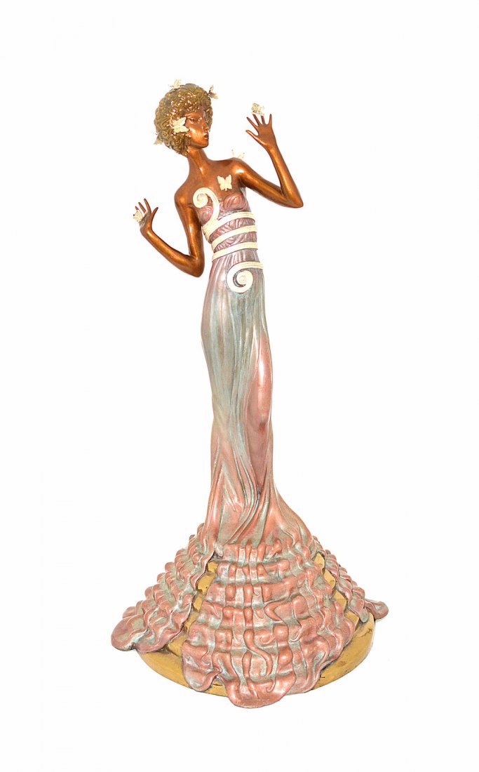 After Erte Polychromed Bronze - "Fantasia": Depicts a woman standing on a multi-stepped circular base with gown draped to bottom and butterflies around her head. Signed "Erte" on back on bottom. Stamped "1987 Chalk & Vermilion and Sevenarts 170