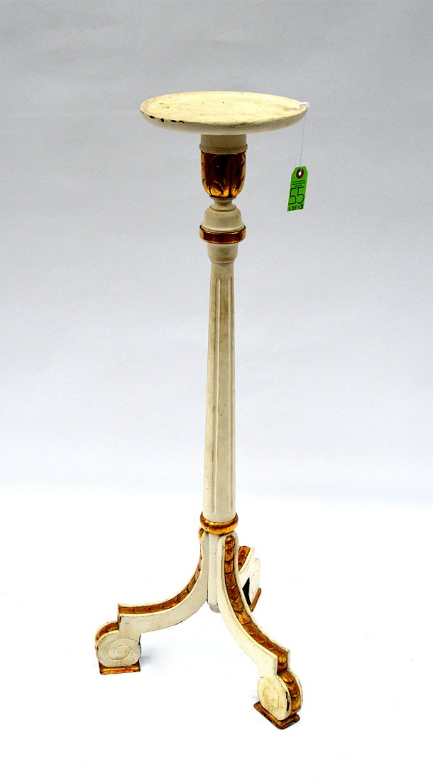 White Painted Tripod Base Plant Stand: Features gilt accents. 16 1/2" Dia at base x 41 1/2" H. Minor scuffs and scratches.