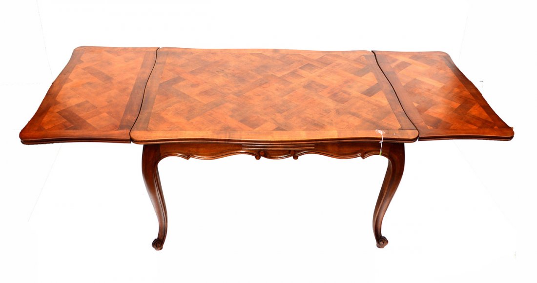French Provincial Style Parquetry Dining Table: Refractory dining table. 51" x 39" x 29" H. [Open: 89" W]. Some scratches and scuffs.