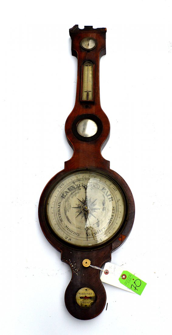 Sheraton Mahogany Barometer: Mahogany barometer having inlaid trim and bone hardware details. 43" x 12" x 1 1/2" D. Losses. As is.