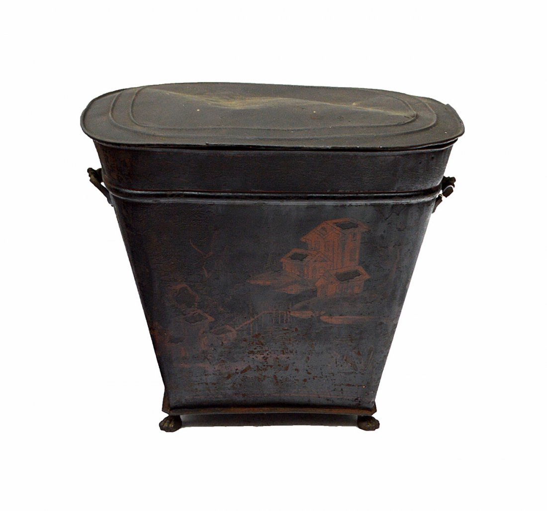 Antique Tole Bin: Tole metal bin. 19" x 15" x 16" H. As is.