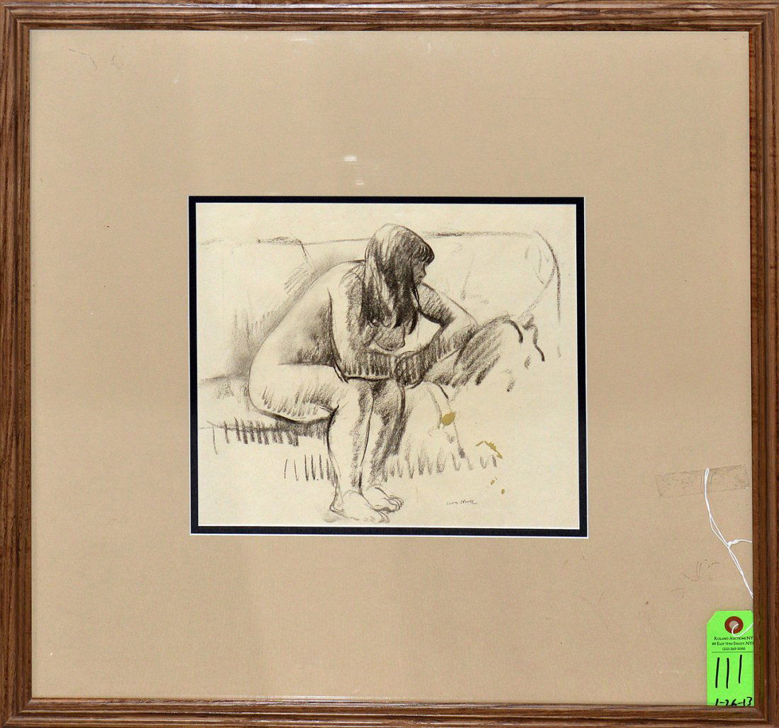Leon Kroll Charcoal on Paper, Seated Nude: Charcoal on paper drawing depicting a seated female nude. Signed bottom right, "Leon Kroll." Image: 10.5" x 11.5", double matted and contained under glass in an oak frame, 23.75" sq. In excellent cond