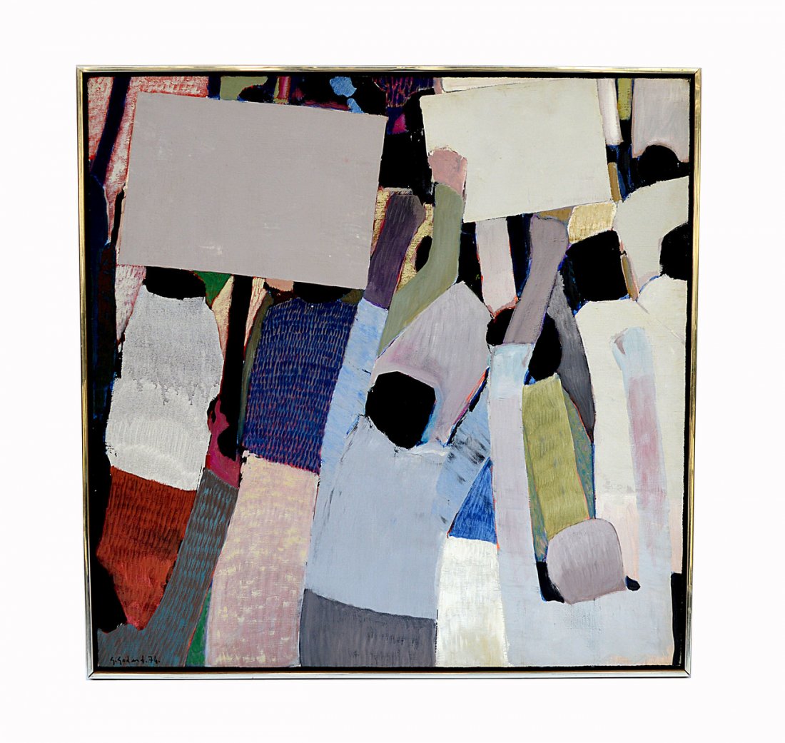 Gabriel Godard Oil on Canvas, 'Manifestation': Abstract composition depicting figures holding signs. Signed bottom left, "G. Godard '74". In good condition. Back bears a David Findlay Gallery label. Art: 39 1/2" x 39 1/2". Frame: 40 3/4" x 40 3/4"