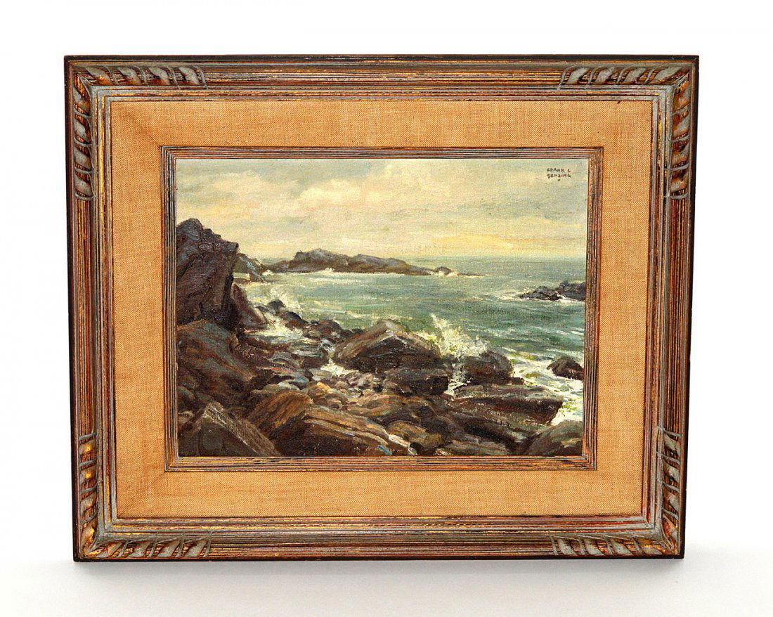 Frank Bensing-Coastline: Oil on canvas board depicting a rocky coastline. Signed upper right: "Frank C. Bensing". Inscribed verso: "Maine Coast of Ogunquit by Frank G. Bensing, 1966." Art: 15 1/2" x 11 1/2" H; Frame: 23" x 19