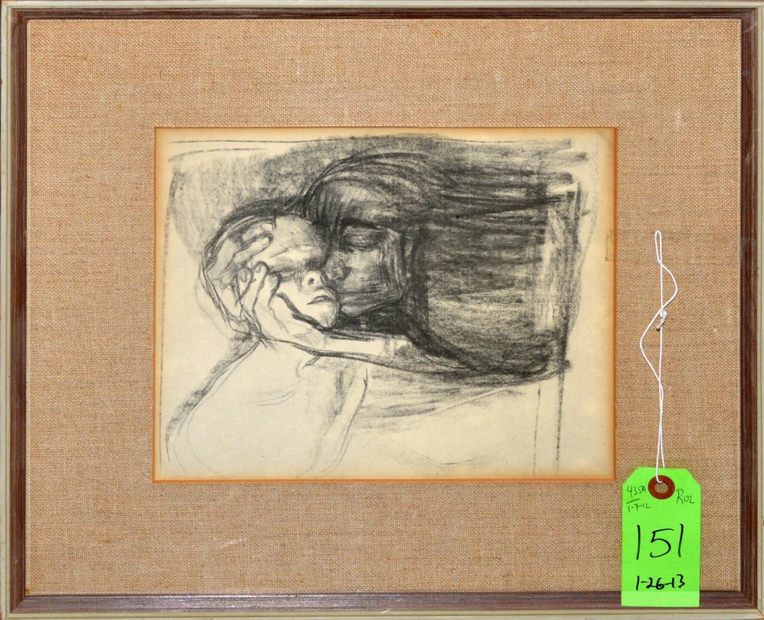 Kathe Kollwitz Mother & Child: Signed lithograph of a mother embracing a child. Image: 9 3/4" x 8 1/2"; Frame: 6" x 14 3/4". Light toning, pronounced at edges, otherwise in good condition.