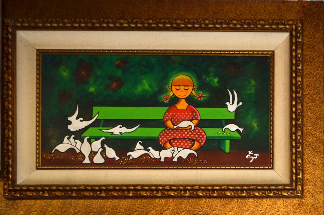 Xavier Cugat Oil on Canvas: A framed painting of a girl seated on a green park bench, surrounded with doves, signed lower right X. Cugat, Spanish. Art: 30" L x 15" H, Overall: 44" L x 29" H.