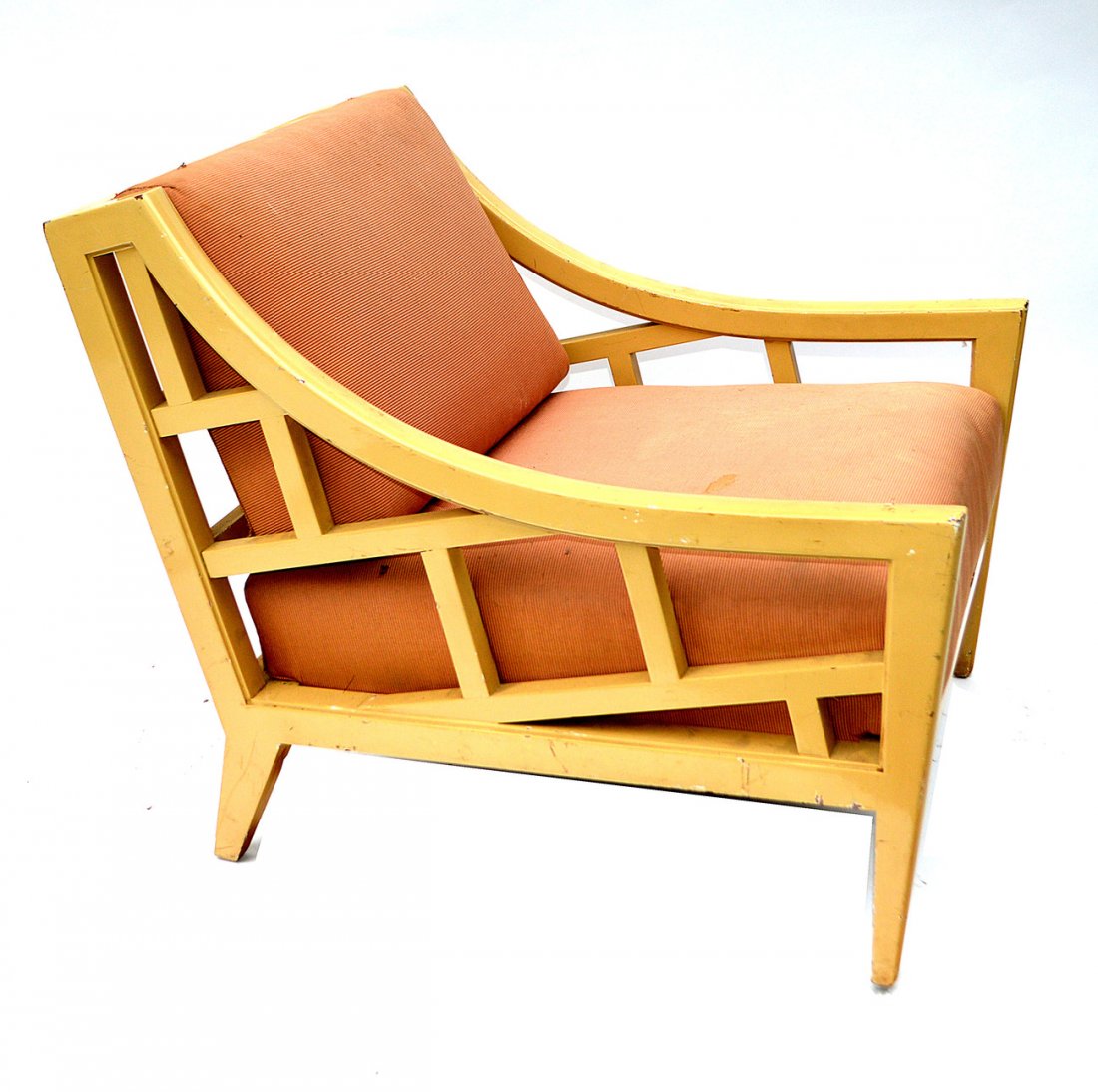 Manner of James Mont Armchair: Modern creme lacquered lattice-style chair with sloped arms and tapering legs. 28 1/2" W x 33" D x 27 1/2". [17 1/2" H to seat]. Bruises and chips.