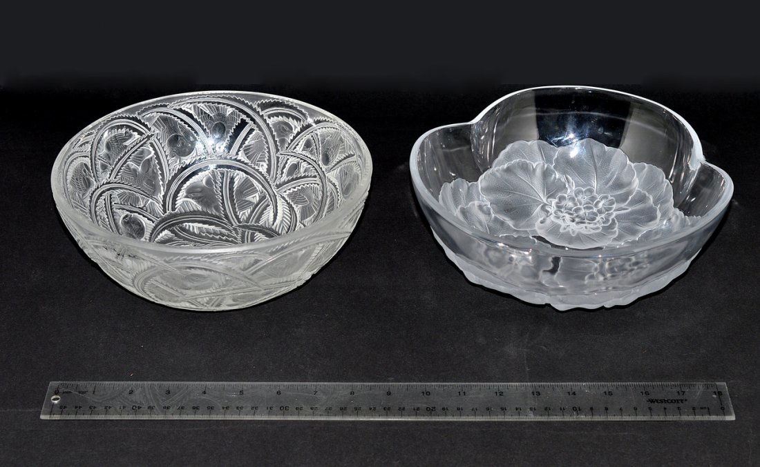 Lalique Art Deco Style Bowl & Other: Comprises 1.) Mould-formed bowl with all-over stylized birds among leafy sprays. Signed on bottom: "Lalique France." 9 1/4" Dia x 3 1/2" H. 2.) Three-lobed mould-formed glass bowl with floral bottom.