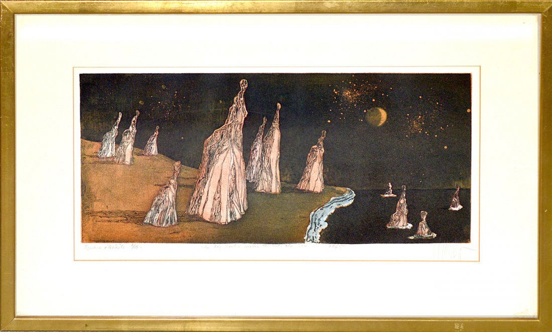 Lars Bo, Signed Artist's Proof Lithograph: Abstract surreal composition with figural forms at water's edge against a night sky. Signed in bottom margin, in pencil: "Epreuve d'Artist [Artist's Proof] 1/10. The Big Rocks Move Toward the Sea 1965