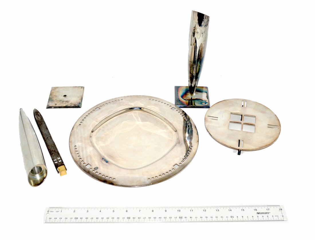 Richard Meier Swid Powell - Silver Plate (3): Silver plate Richard Meier tray by Swid Powell. Stamped "Swid Powell RM." [12" Dia], silver plate letter opener and a silver plate plateau and a pair of Elisa Rady for Swid Powell silver plate candles