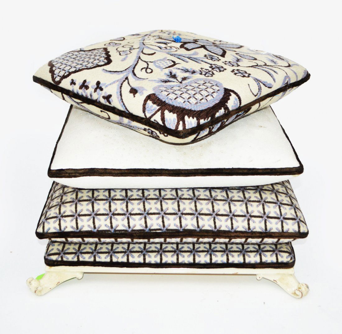 Sister Parish Four Tier Ottoman: White painted frame, various pattern upholstery. 24 1/2" x 24 1/2" x 15 3/4".