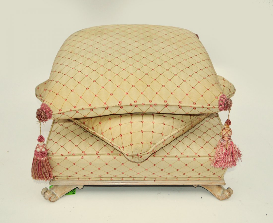 Sister Parish Ottoman: Creme frame with creme and red upholstery. 23" x 23" x 12 1/2" H.