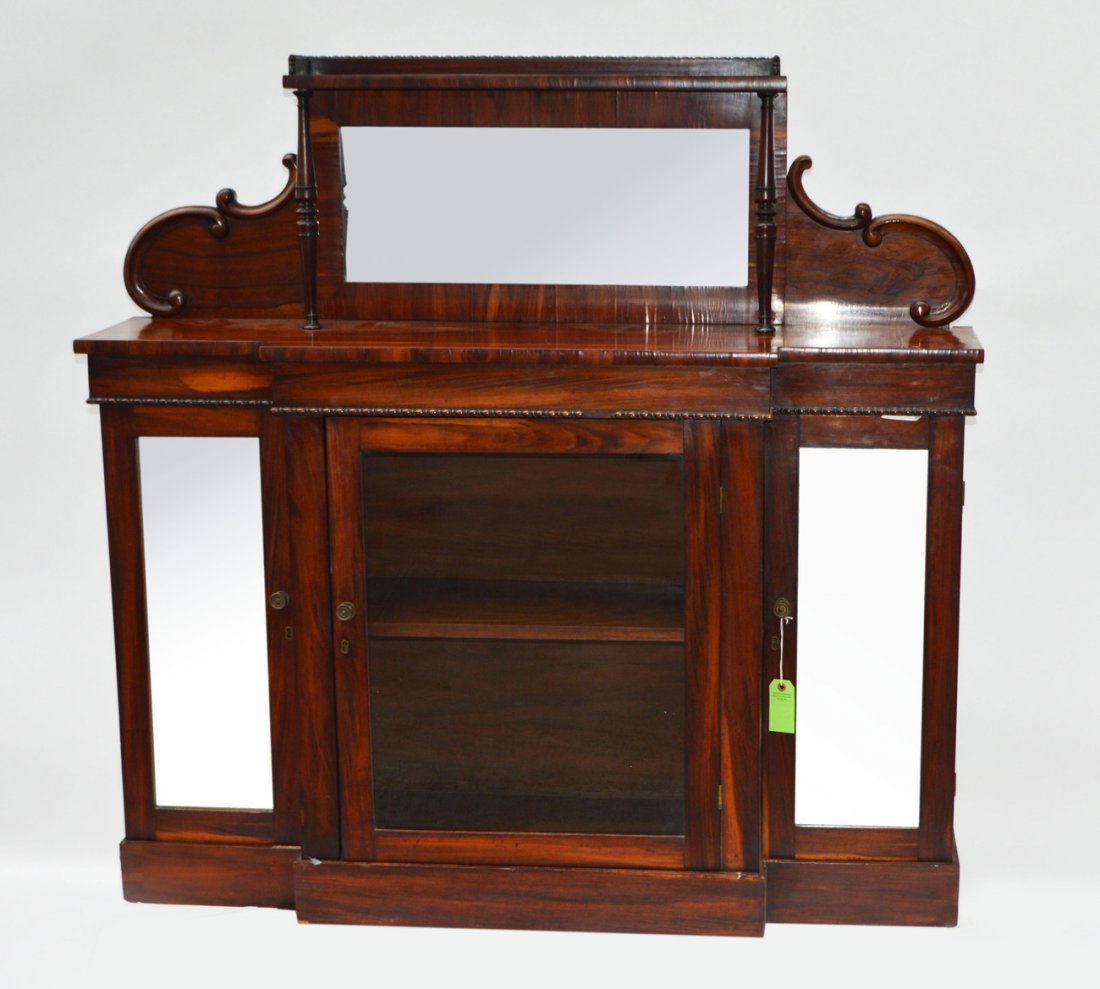 Regency Rosewood Credenza: Two mirrored end doors, superstructure top. Good condition. 54" L x 15" D x 53" H.