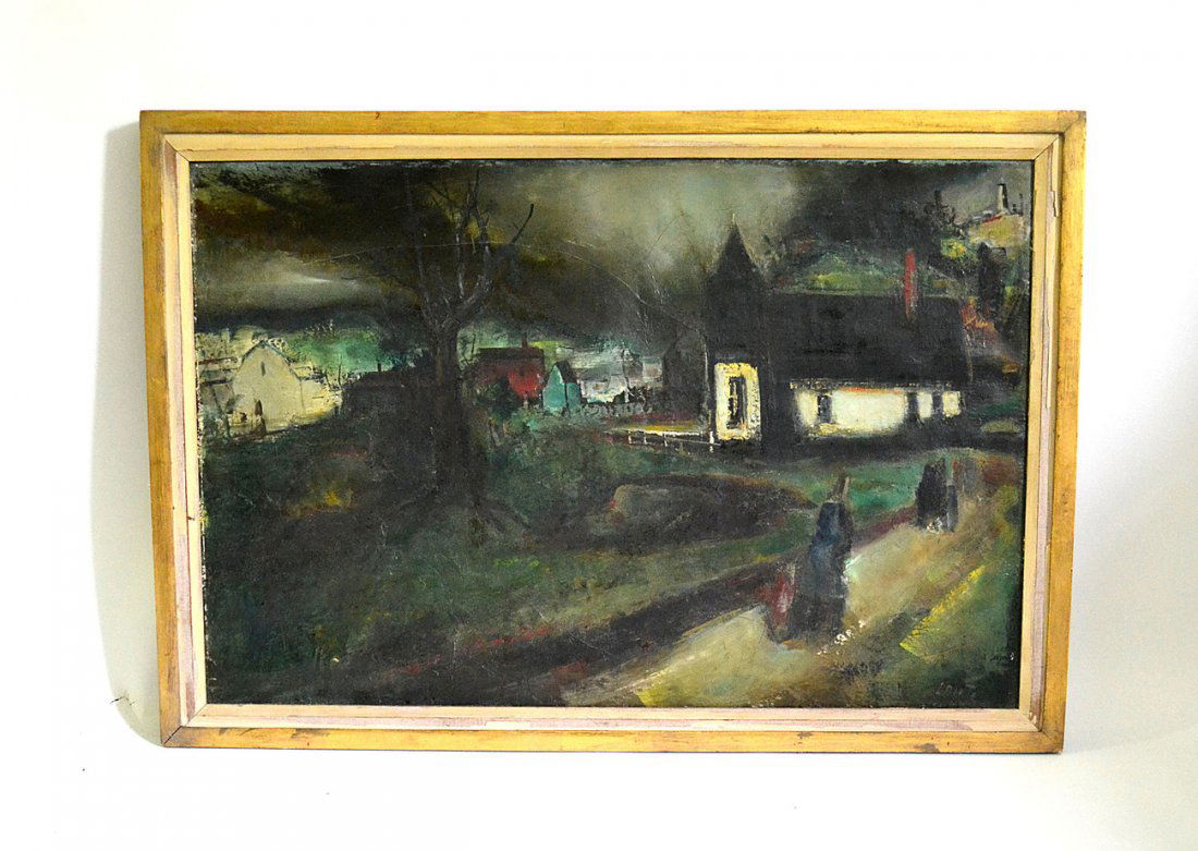 Jean Liberte, [American, 1896-1965] Oil on Canvas: An oil on canvas depicting figures on a village path at dawn. Signed lower right, "Liberte." Framed: 21” x 31”. American, 20th C. Good condition. From the Estate of Arthur Laurents. With provenanc