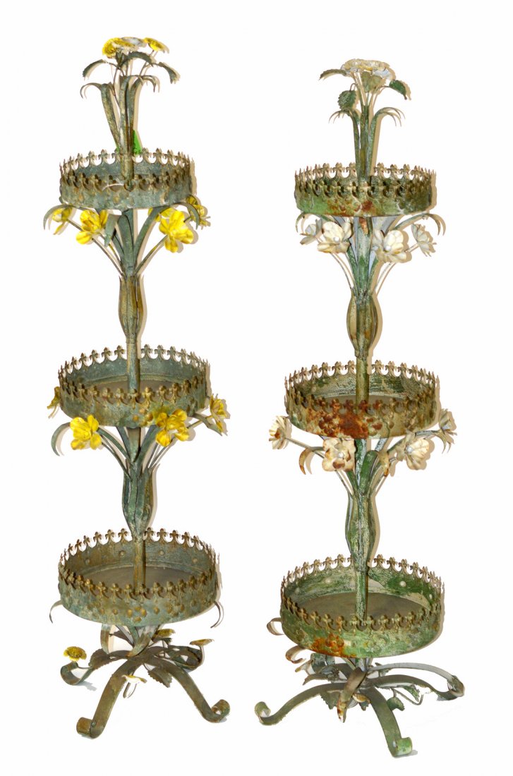Pair of Iron & Tole Planters: Pair of floral decorated three tier planters. Green iron crown form planters, one with yellow tole flowers, the other with white tole flowers. Wear as with age. 49" H.