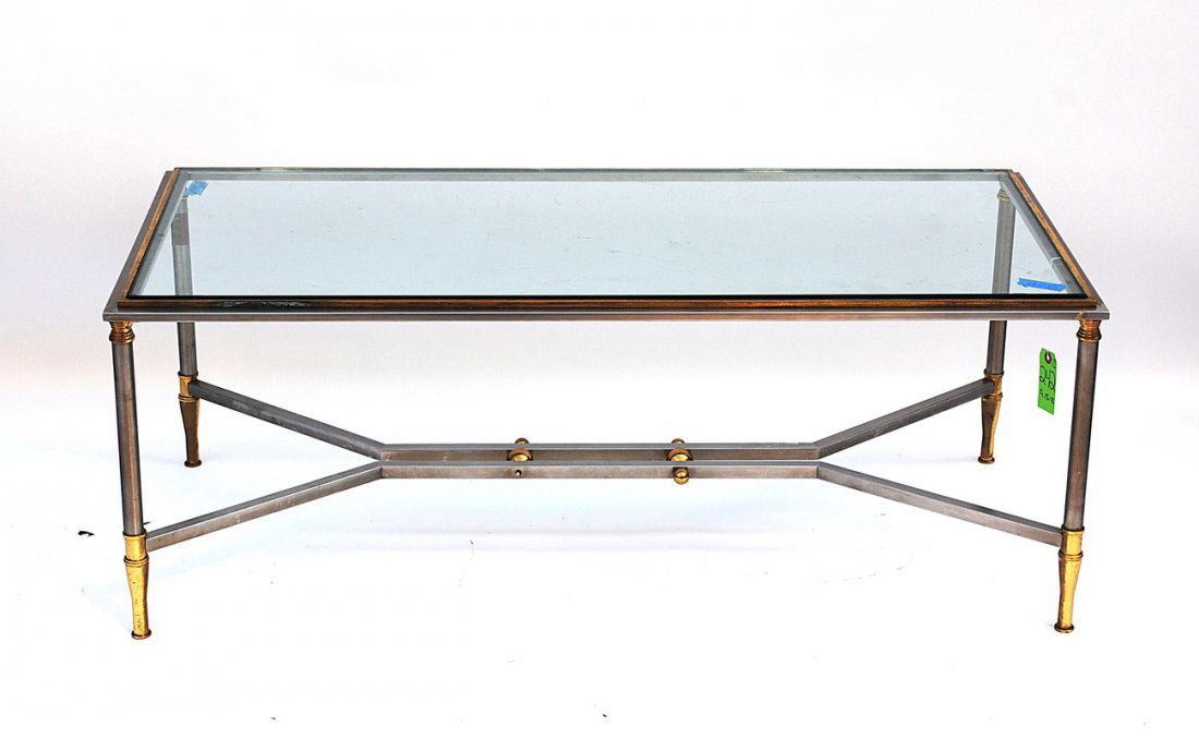 Glass Top Bronze & Shell Coffee Table: Bears glass inset top (chipped), missing parts on stretcher. 48" x 22" x 17 1/2" H.