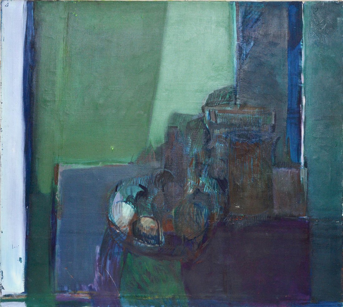 Unframed Abstract Composition: Inscribed in ink on stretcher verso, "Pincus 42". Also on verso is "M Paul 40 P. Maggio Design Assoc. 115 E 40th St." 38" x 42".