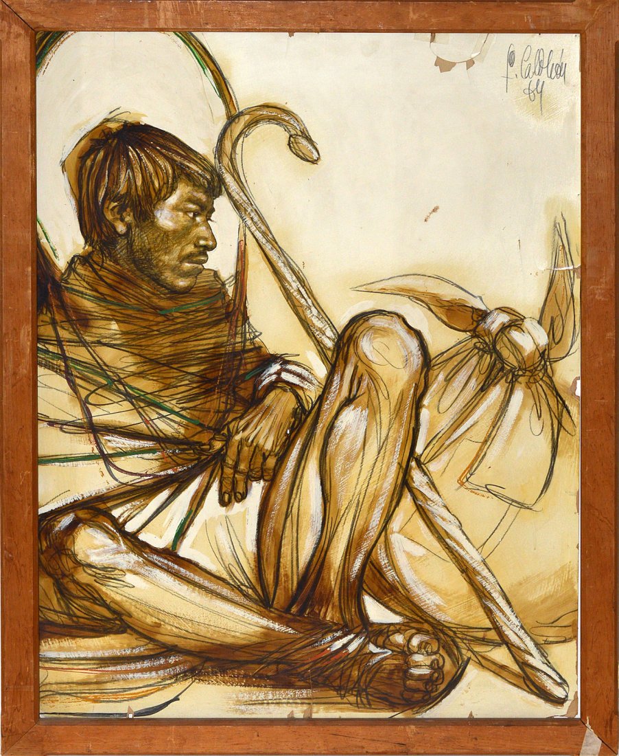Lithograph of Resting Man: Framed lithograph of a resting man with a staff, no glass. Signed upper right. Puncture on right edge, minor tears and stains.