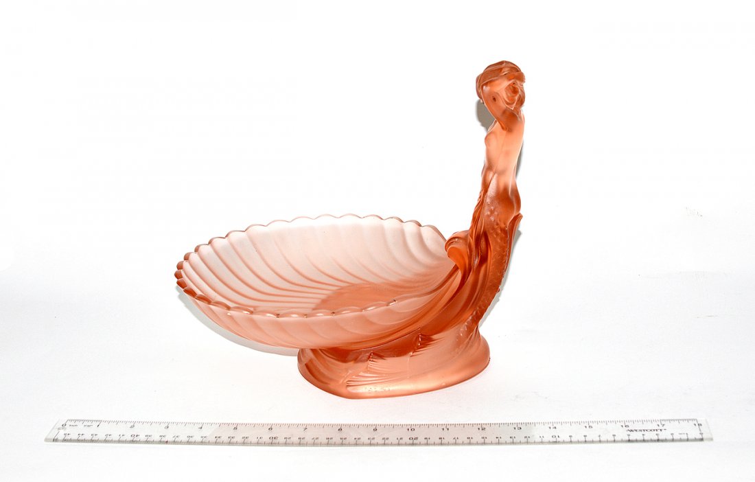 Female Lavabo Centerpiece: Walther and Sohne art deco pink frosted glass centerpiece with nude mermaid. Dish is 2 pieces. 9"H. Chip on base of figure (front).